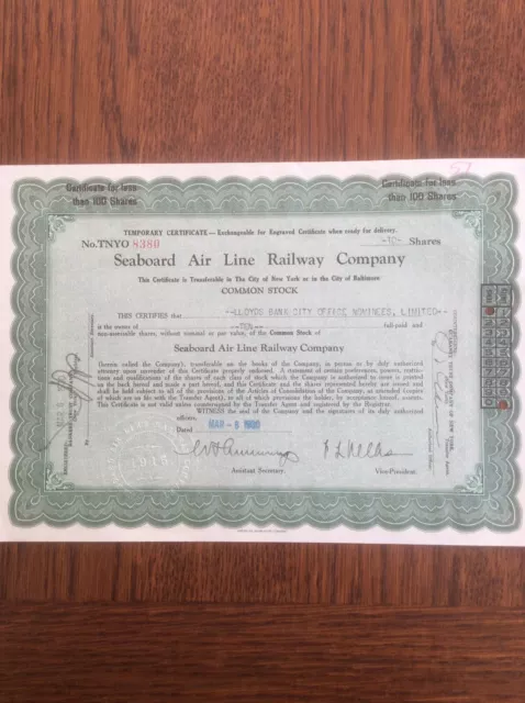 SEABOARD AIR LINE RAILWAY COMPANY 1030 10 Shares Old Share Certificate