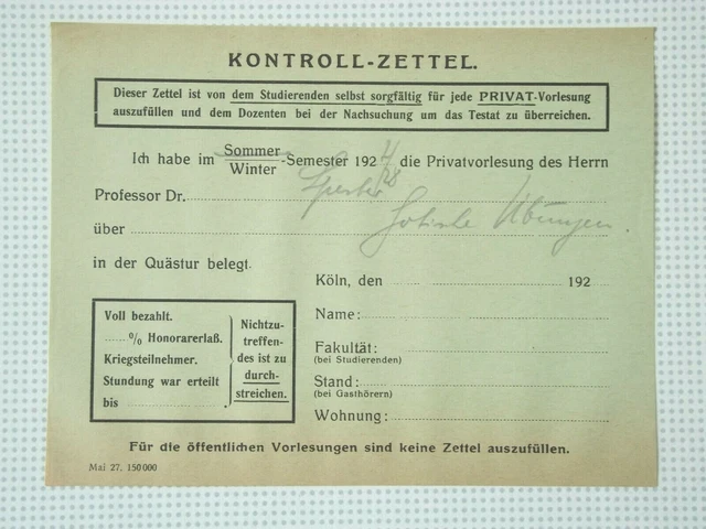 BULLETIN DE CONTRÔLE WS 1927/28 Hans Sperber, linguiste, Cologne