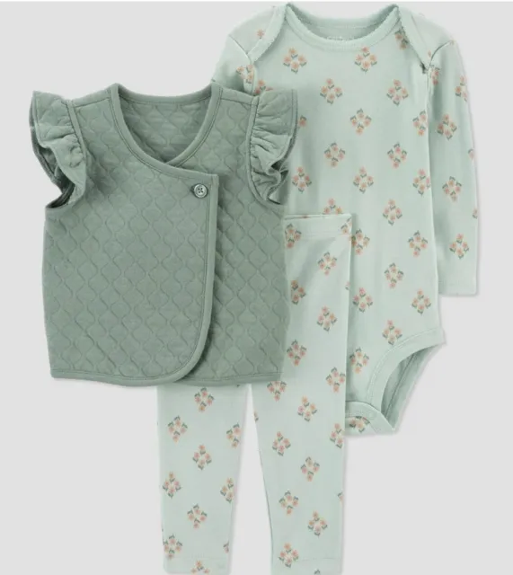 3 PC Carters Just One You Baby Girls Floral Vest Cardigan Set Sage Green Sz 3M