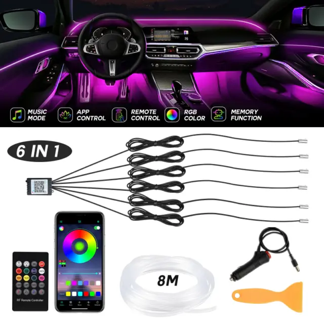 8M RGB LED Car Interior Fiber Optic Neon Wire Strip Light Atmosphere Bluetooth