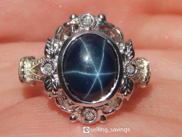 14K White Gold 5.50 Tcw Cabochon Star Sapphire & Diamond Filigree Halo Ring Sz 7