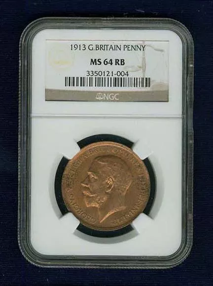 G.b.//England  George V 1913  Penny, Choice Uncirculated, Certified Ngc Ms-64-Rb