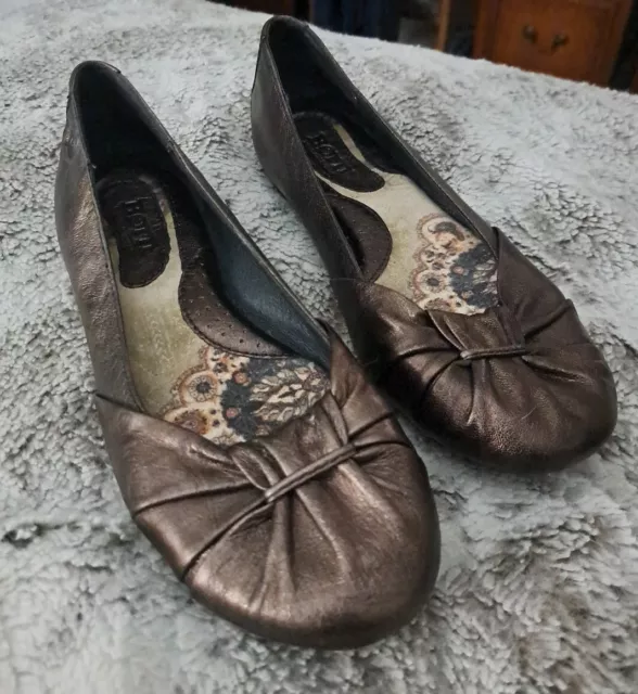 Born Bronze Metallic Leather Flats Bow Gathered Front Cushioned Insole 7.5