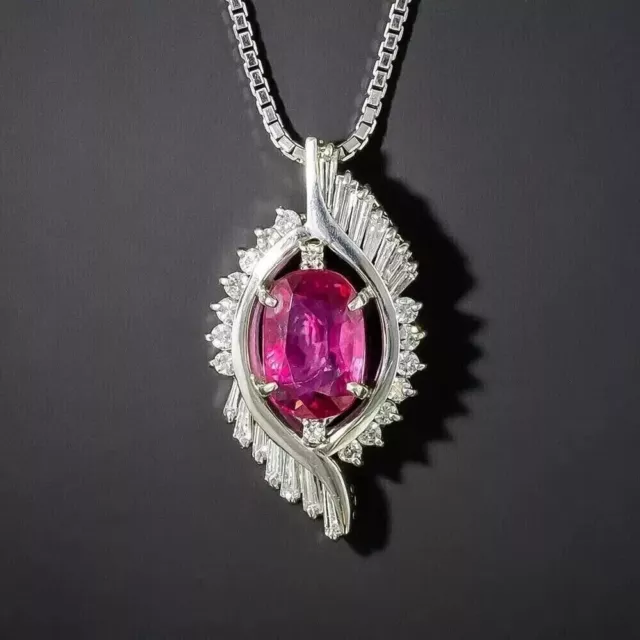14k White Gold Plated Oval Cut Simulated Pink Ruby Vintage Women's Pendant Chain