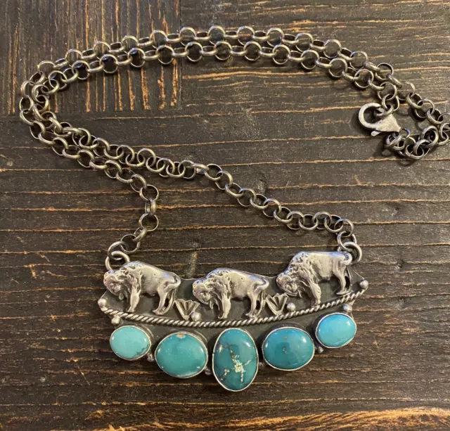 Native American Navajo Sterling Buffalo Bison Bar Necklace