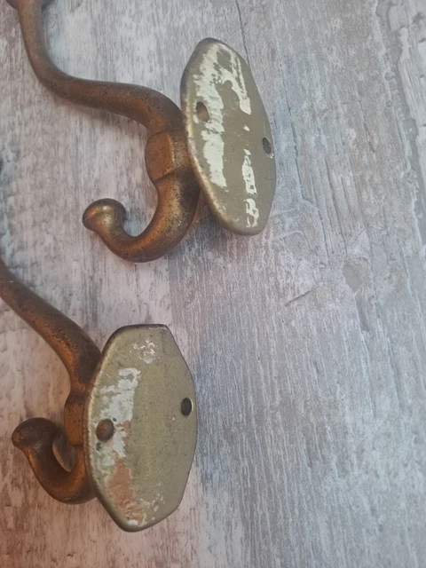 2 Vintage Antique Double Coat Hat Hooks Gold Tone Iron 5.5" Heavy 5