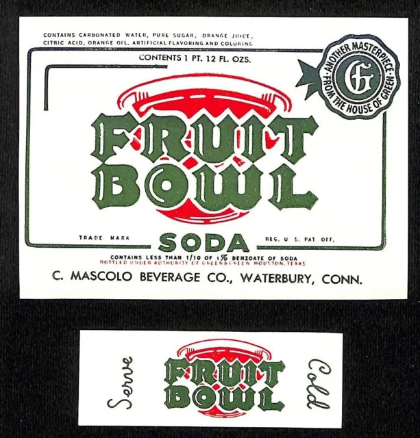 Fruit Bowl Soda Paper Label Waterbury, CT Mascolo Beverage Co c1940's VGC Scarce