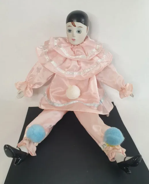 Poupée Vintage Pierrot Arlequin Mardi Gras Rose - 40 cm - Rare et Charmante