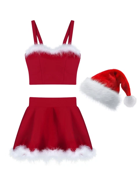 Frauen Outfits Lady Dessous Set Festlich Weihnachts-Cosutme Mit Hut Tops 3Stück