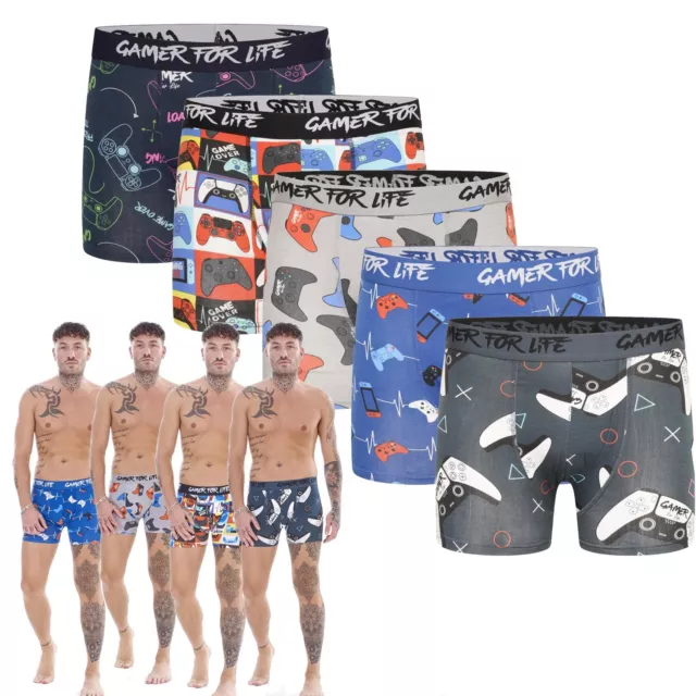 Mens Boys 5 Pack Gamer For Life Gaming Designer Cotton Rich Boxer Shorts Gift