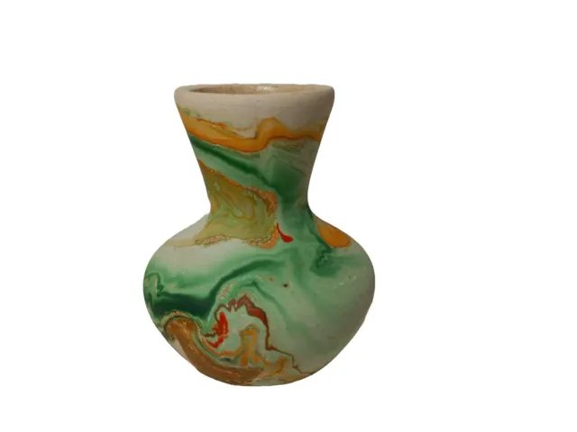 Nemadji Clay Earth Pottery Vase Green Orange Swirl Vintage USA Made 3 3/4 x 3"