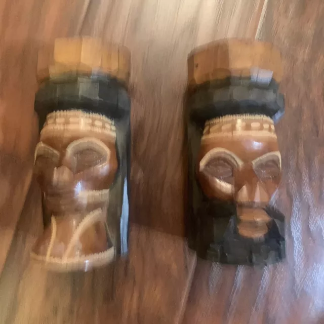 Set Of Vintage Wooden Tiki Hand Carved Jamaica Man & Woman Totem Pole Statues