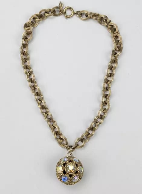 Vintage Sarah Coventry AB Rhinestone Hollow Ball Pendant Gold Tone Necklace