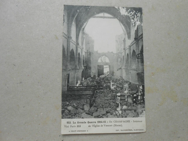 1914 CPA War VIRGINY MARNE CHAMPAGNE CHURCH INTERIOR