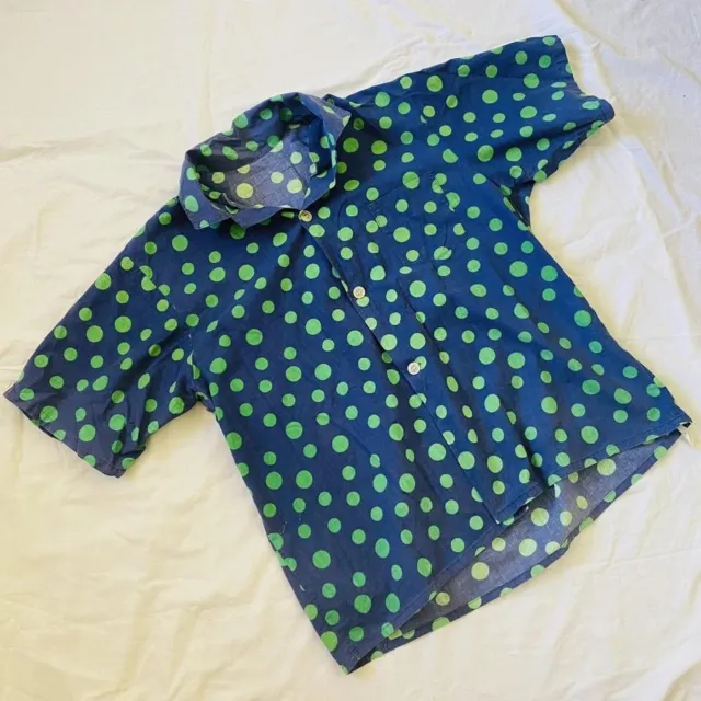 Vintage Peter Alexander Button Down Short Sleeve Shirt Navy Green Polkadot Retro