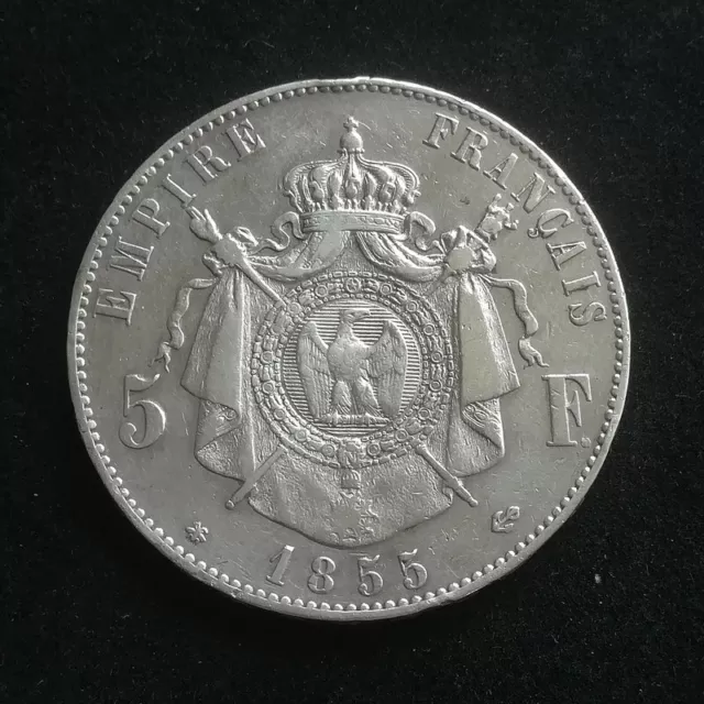 RARE 5 Francs Argent Napoléon III Tête Nue 1855 BB (Strasbourg) de qualité !