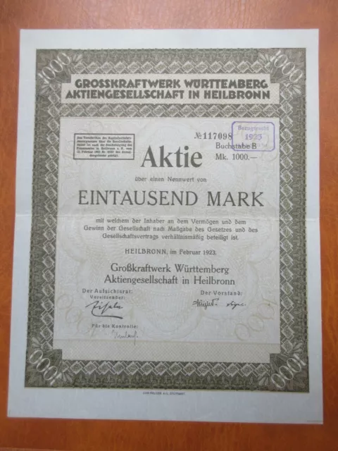 Grosskraftwerk Württemberg Aktiengesellschaft, Heilbronn, 1923