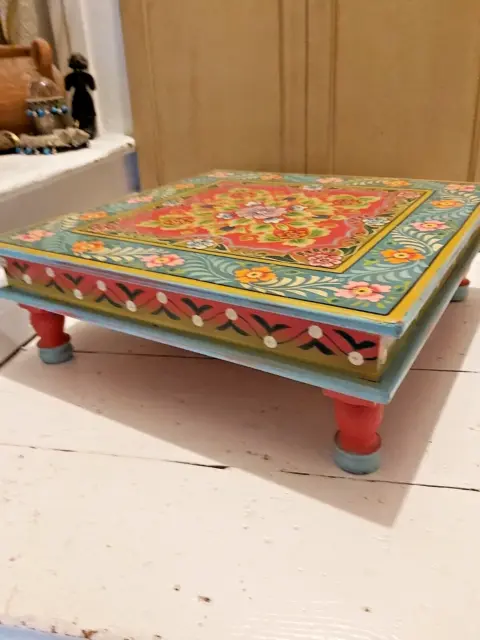 Vintage Style Hand Painted Recycled Wood Indian Bajot Table 2