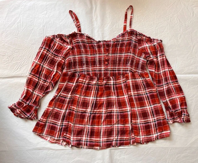 NWT Torrid Babydoll Crinkle Gauze Smocked Cold Shoulder Top Plaid, Size 2X