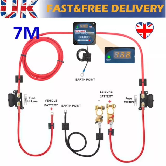 UK Digital LED 7mtr Leisure Battery Split Charging Kit 12V 140A VSR Sense Relay