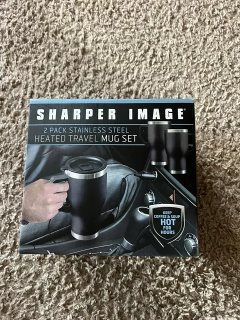 Sharper Image 2 Pack Stainless Steel Heated Travel Mug Set Black 14oz W/12v Plug