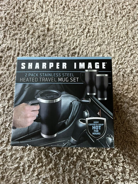 Sharper Image 2 Pack Stainless Steel Heated Travel Mug Set Black 14oz W/12v Plug