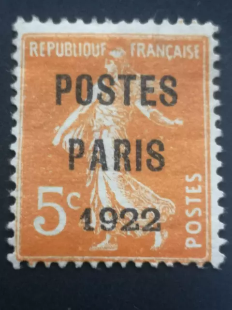 Timbre France Préoblitérés Yvert 30 semeuse poste Paris 1922 5c orange neuf  * avec charnière