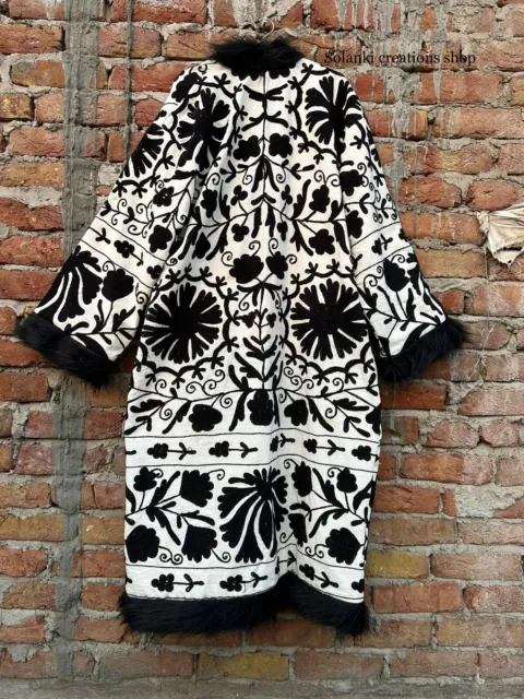 Black & White Long Embroidery Suzani Coat Kimono Robe Outdoor Fit and Sleepwear