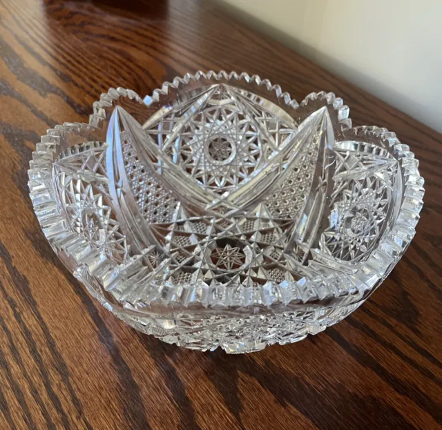 Antique American Brilliant Period ABP Cut Crystal Glass Hobstar Sawtooth Bowl 8" 3