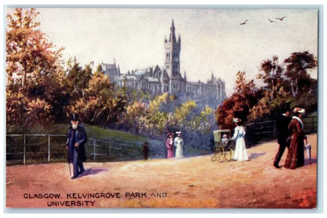 c1910 Glasgow Kelvingrove Park and University Scotland Oilette Tuck Art Postcard