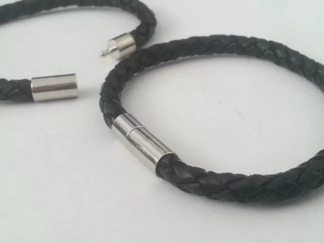 Genuine Leather Bracelet 6mm Braided Wristband Stainless Steel Clasp Mens Womens