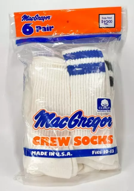 Vintage MacGregor Striped Plain Crew Cotton Socks Made in USA 6 Pack NOS Sealed