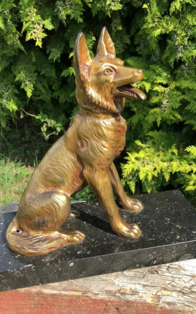 Beautiful Vintage Art Deco Spelter Brass? German Shepherd Dog On Marble Base C1