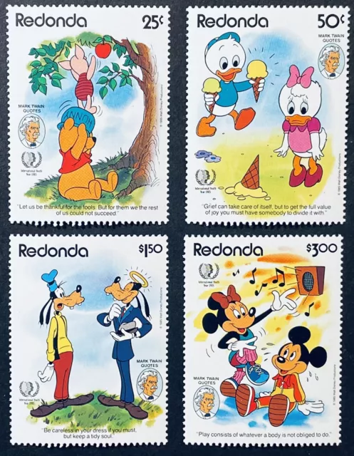 Redonda Mark Twain Disney Stamps Set Of 4 Mnh 1985 International Youth Year