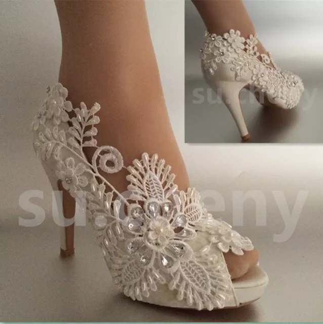 su.cheny 3" 4" heel satin white ivory lace pearls open toe Wedding bridal shoes 2