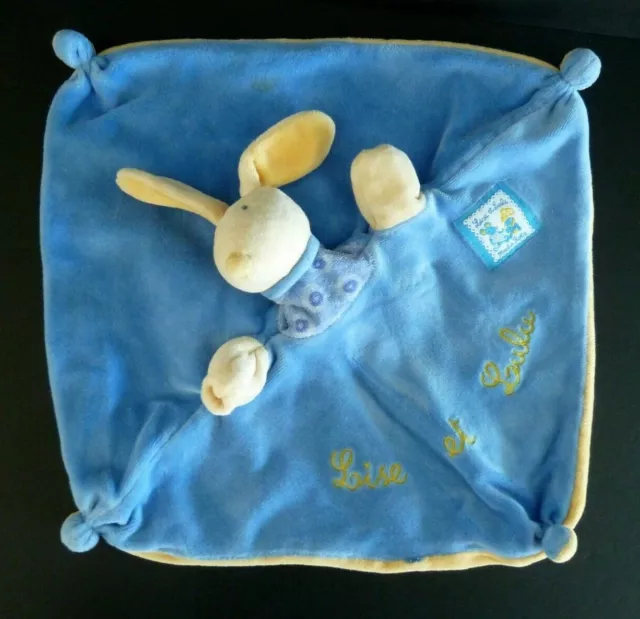 78. DOUDOU PLAT MOULIN ROTY LAPIN LISE ET LULU BLEU JAUNE CARRE sans souris TBE