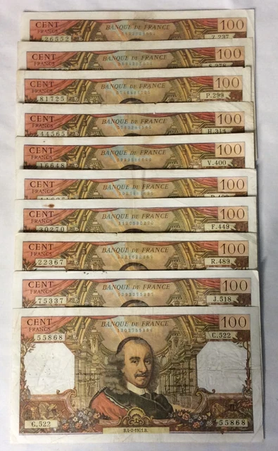 Lot De 10 Billets De 100 Francs Corneille - Années Différentes, Collection Numismatique