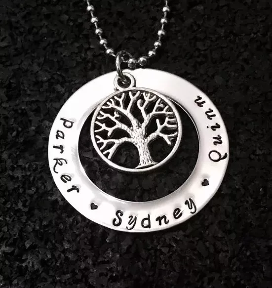 Tree Of Life hand stamped stainless steel 38mm washer necklace on 24in chain