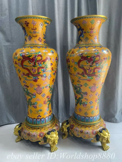 48" Qianlong Marked Old Chinese Bronze Cloisonne Gilt Dragon Bottle Vase Pair 2