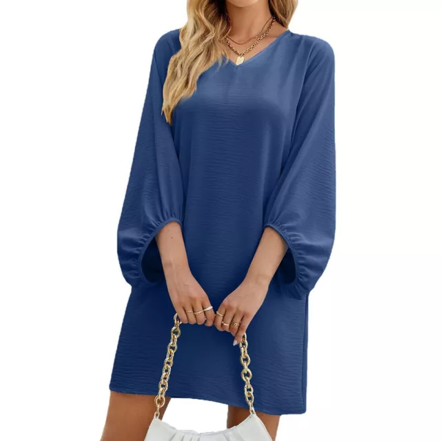 Women's Pure Color V-Neck Seven-Point Sleeve Bubble Sleeve Loose Dress-Navy Blue