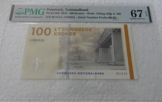 Denmark Banknote - 2015 - 100 Kroner - p66d - PMG Graded Superb Gem Unc. 67 EPQ