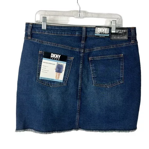 DKNY Women's 10 Mid Rise Denim Mini Skirt Blue Fringed  Stretch NWT 7324 2