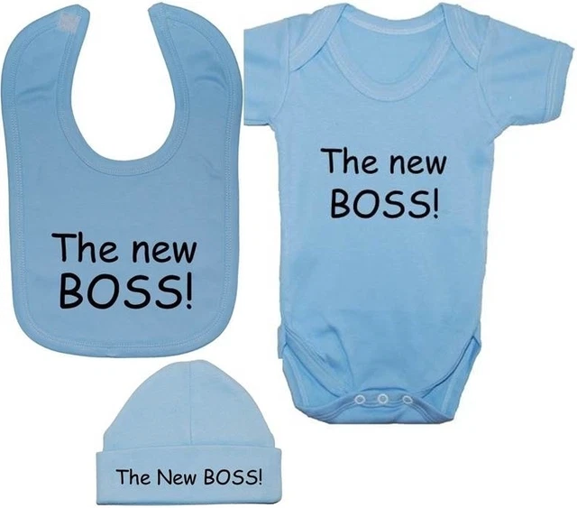 New Boss Babygrow Bodysuit Romper Vest & Feeding Bib & Hat Cap 0-12m Funny Gift
