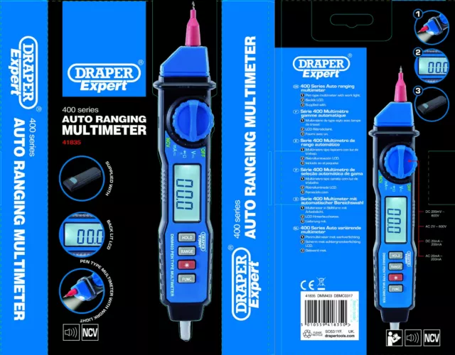 Draper Digital Multimeter Auto-Ranging Pen Probe Type NCV Power & Case 41835