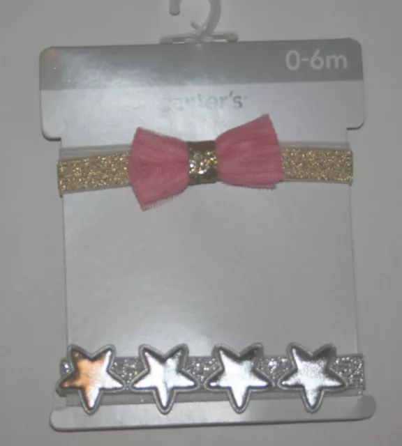 New Carter's 2 Pk Headwraps Pink Gold Glitter Bow Stars Hair Accessory NWT 0-6M