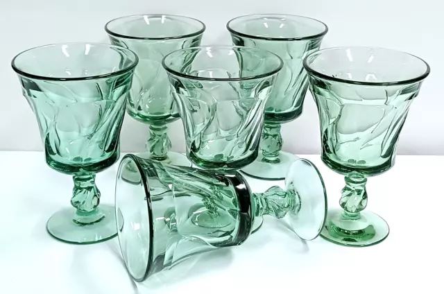 SIX Vintage Fostoria Jamestown Green Swirl 6 ” Water Goblets Glasses