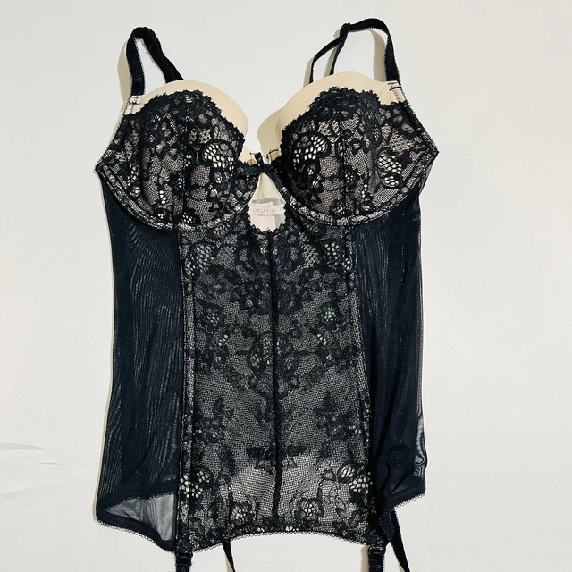 VICTORIA'S SECRET BLACK Lace Tan Bustier Corset Garters 34B Lingerie