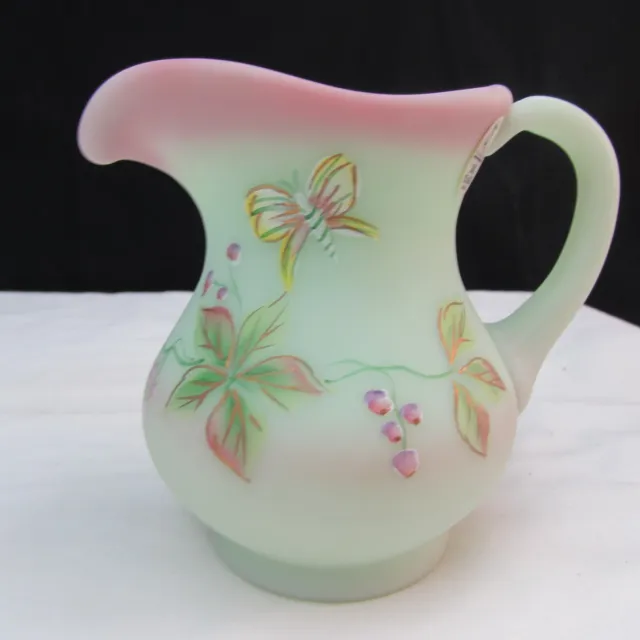 Fenton Lotus Mist Burmese Berry & Butterfly Hand Painted Pitcher 2005 C2606