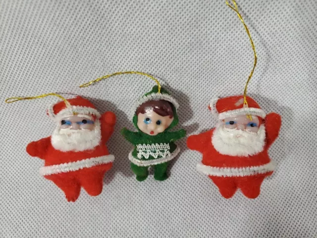 Vintage Felt Flocked Christmas Tree Ornaments Santa Claus Green Elf 2" Set Of 3