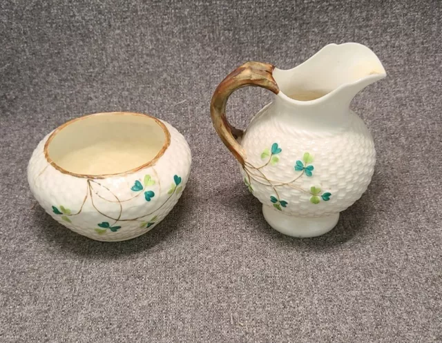 Belleek Ireland Shamrock Miniature Creamer and Open Sugar Bowl Set 2nd Blk Mark